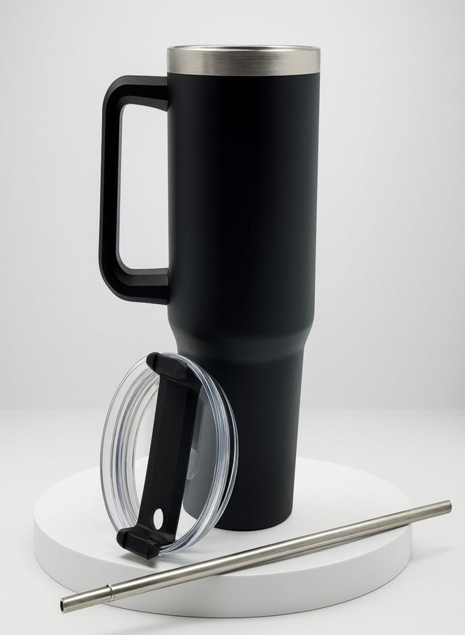 VOCO 1200ML Stainless Steel Tumbler | Double Wall Insulated Cup with Handle Lid and Steel Straw | Large | Travel Mug for Hot and Cold Beverages Coffee Water Juice Gym Office Outdoor Use - Black - Image 2
